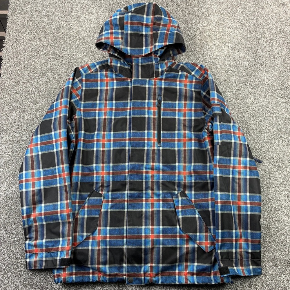 Burton Latitude Jacket Mens Large Blue Plaid Hooded Snowboard Ski Waterproof